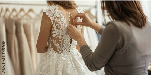 Bride Getting Dressed in a Bridal Shop.