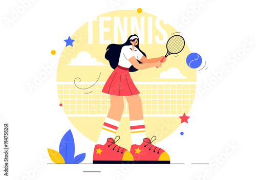 Vector Illustration of a Tennis Player Holding a Racket with a Ball on the Court During a Sports Match in Flat Cartoon Style Background