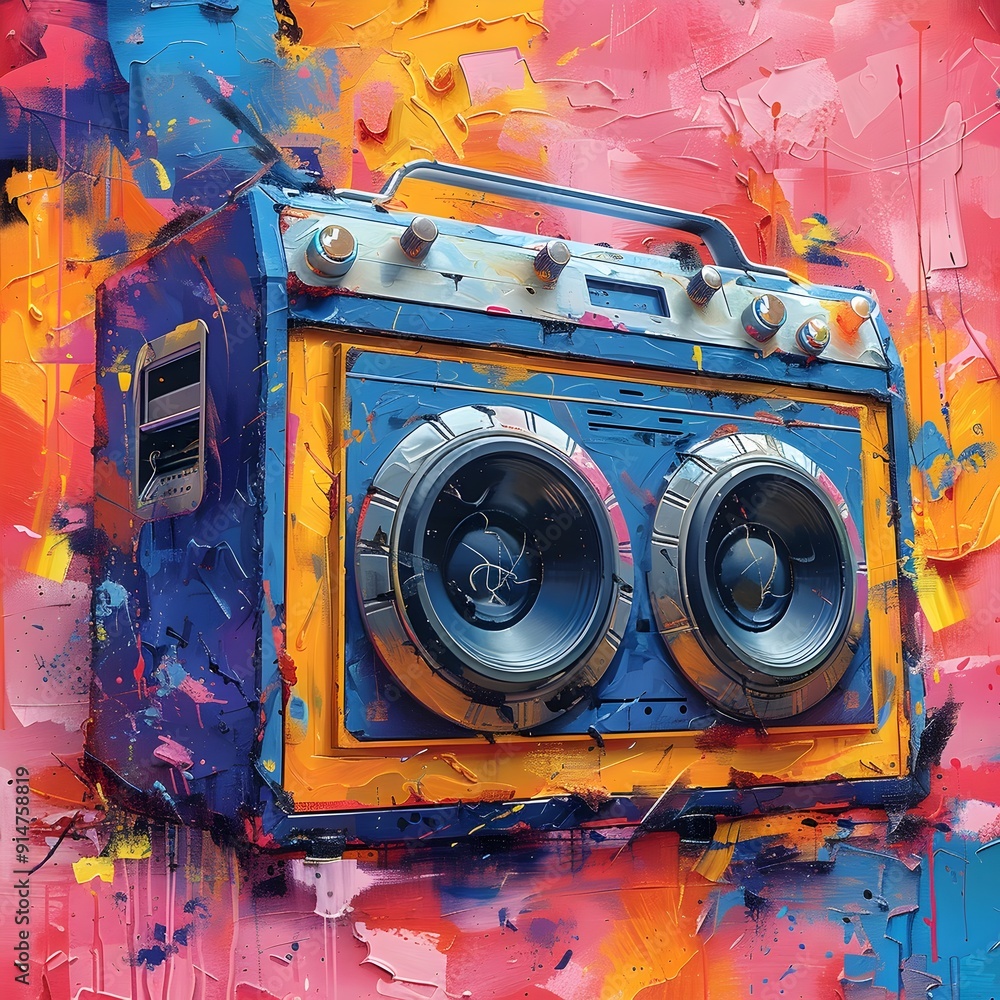 Fototapeta premium Vibrant Pop Art Boombox with Energetic Musical Elements and Breakdancing