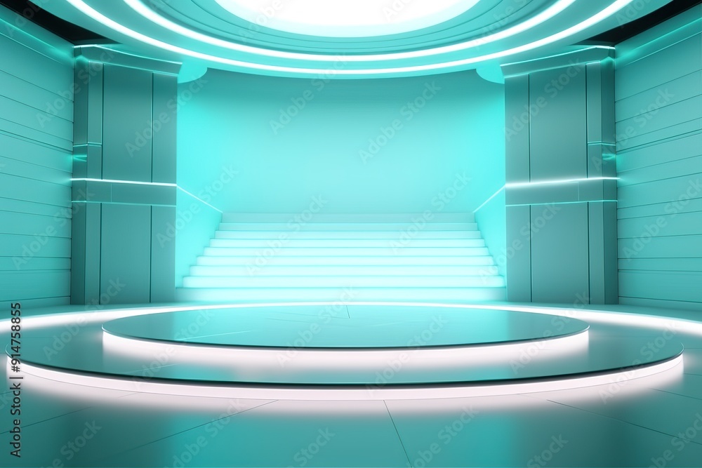 Futuristic blue and white platform with glowing lights. Futuristic blue and white platform with glowing lights.