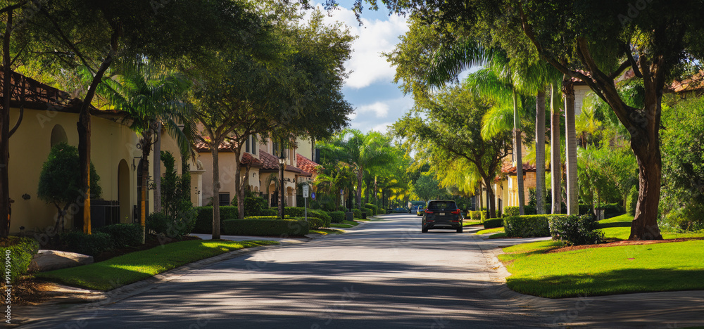 Obraz premium Quiet Residential Street Lined With Trees and Houses on a Sunny Day