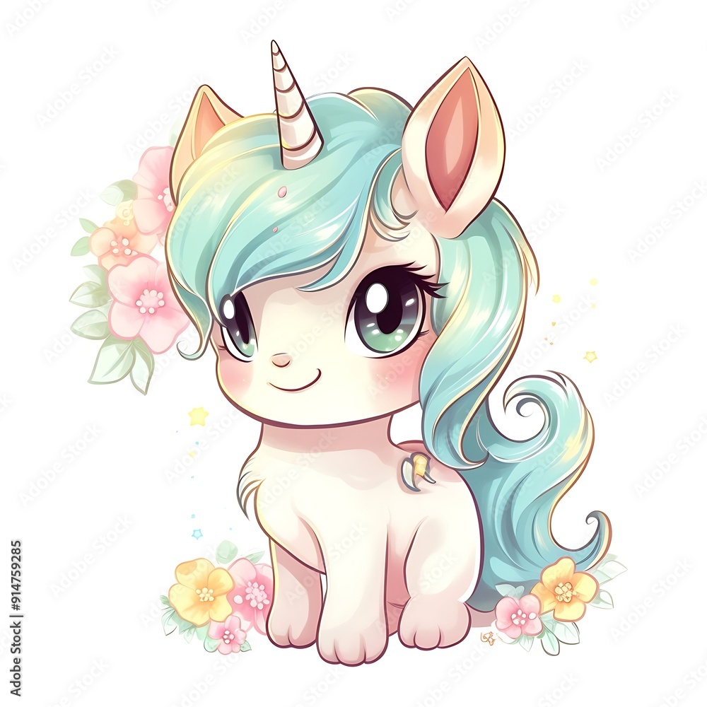 Adorable Cartoon Unicorn Sitting Among Flowers Adorable Cartoon Unicorn Sitting Among Flowers