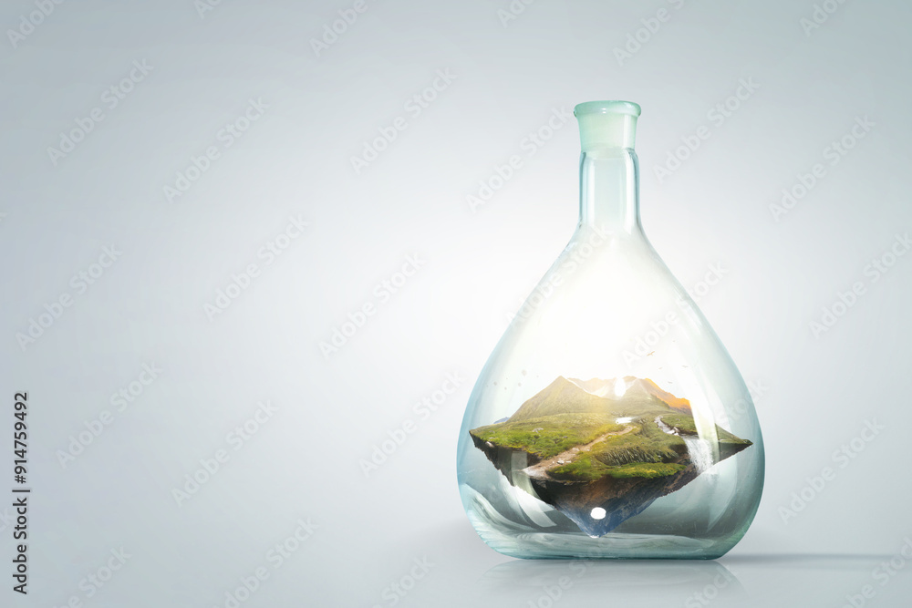 Landscape with mountain inside glass bottle Landscape with mountain inside glass bottle