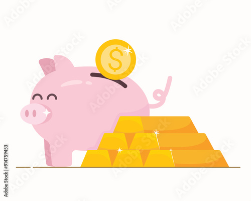 Gold Bars and piggy bank for saving money, Finance and money concept, A lot of money and gold bar.