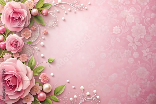 Pink Floral Background with Pearls and Swirls.