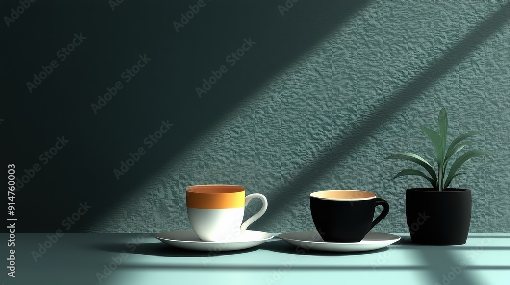 Obraz premium Minimalist Coffee Cups with Plant in Soft Lighting