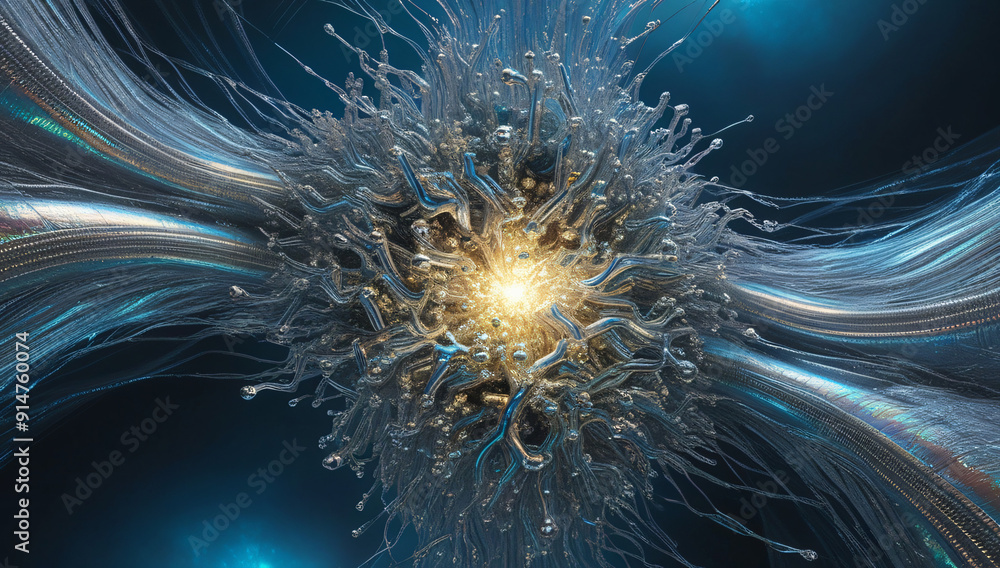 Obraz premium A visually stunning digital piece depicting an explosion of light and metallic shards, capturing a moment of intense energy and movement, perfect for backgrounds or sci-fi themed projects