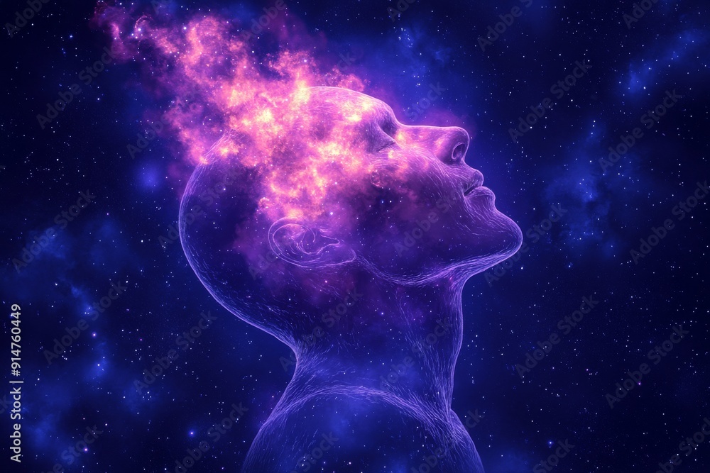 Cosmic head profile with galaxy brain visualizing deep space exploration and the vastness of human imagination Cosmic head profile with galaxy brain visualizing deep space exploration and the vastness of human imagination