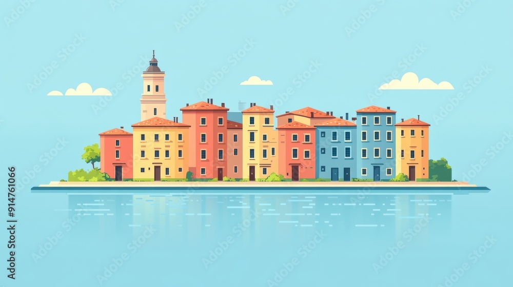 Colorful Buildings by Tranquil Water in a Bright Sky Colorful Buildings by Tranquil Water in a Bright Sky