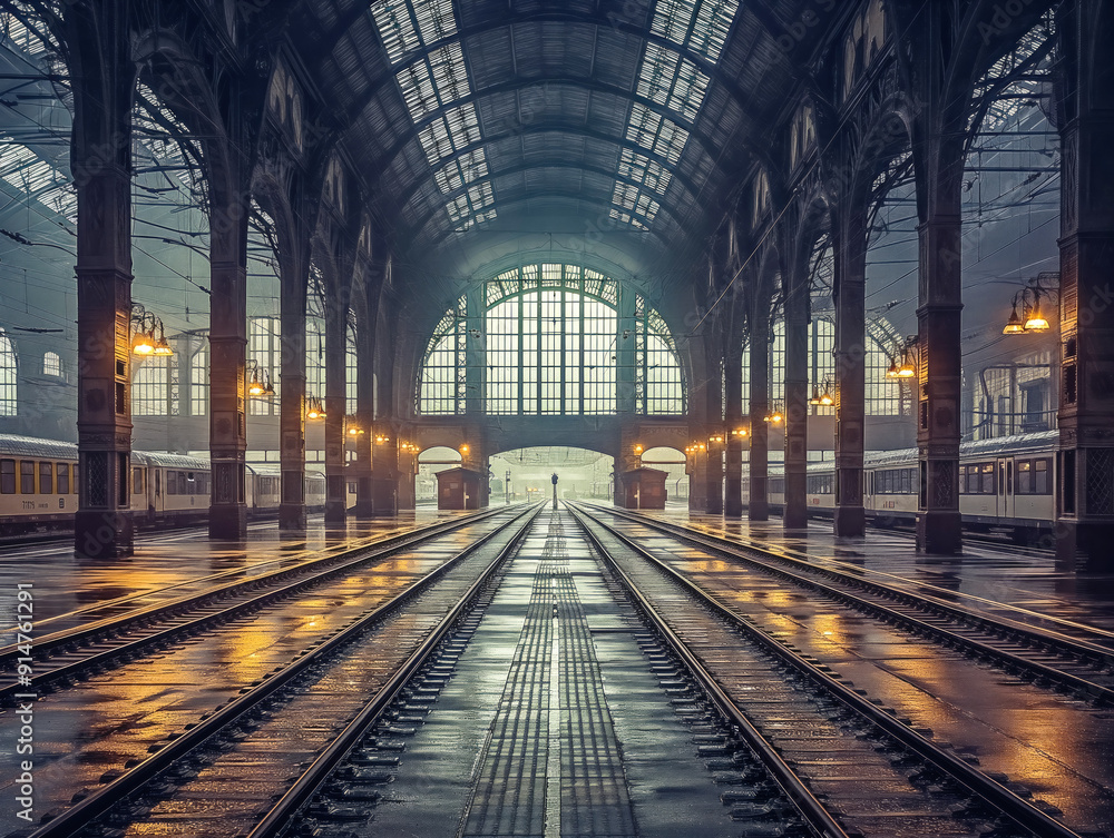 A train station with a large archway and a train in the middle of the tracks. The train is surrounded by a few other trains and a few people A train station with a large archway and a train in the middle of the tracks. The train is surrounded by a few other trains and a few people