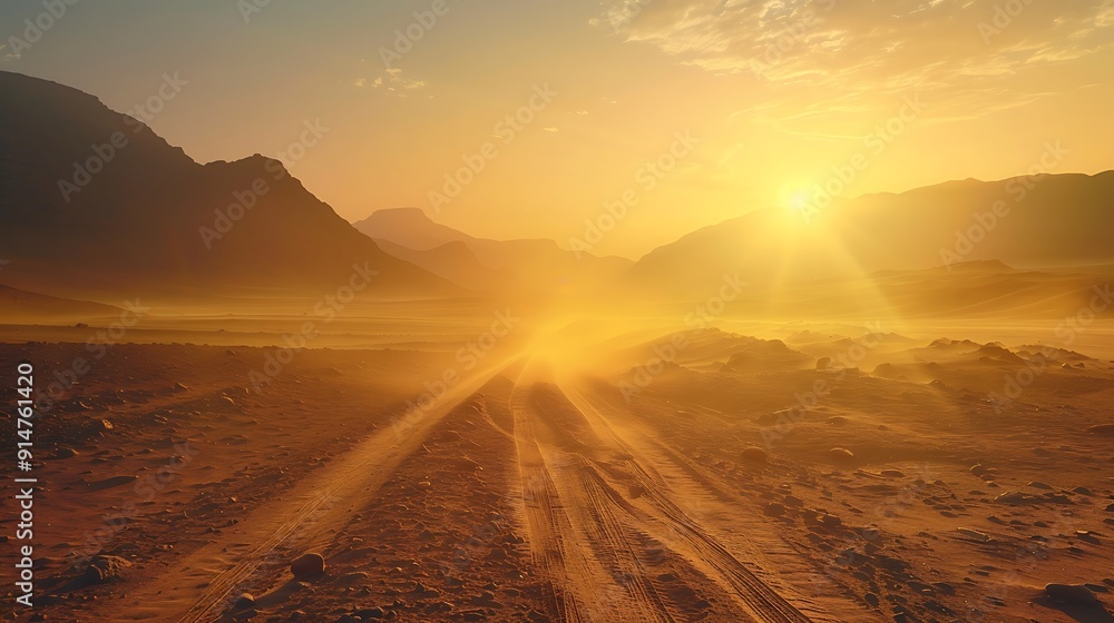Sunset in the Desert with a Dusty Road Sunset in the Desert with a Dusty Road