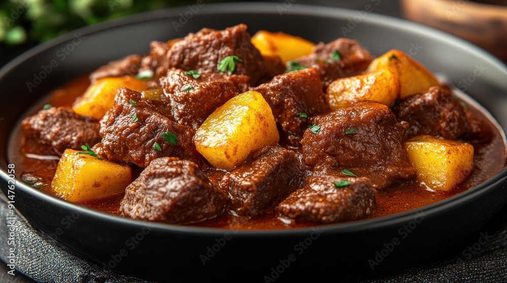Savory Beef Stew with Potatoes in Black Bowl Savory Beef Stew with Potatoes in Black Bowl