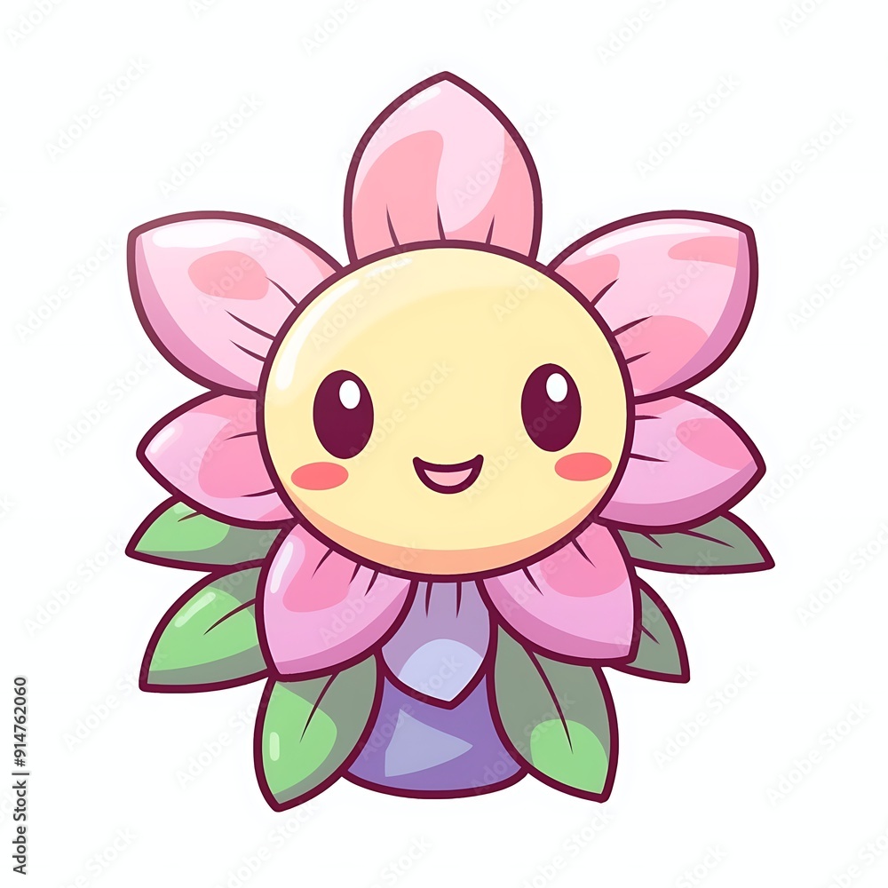 Happy Pink Flower Cartoon Illustration With Green Leaves Happy Pink Flower Cartoon Illustration With Green Leaves