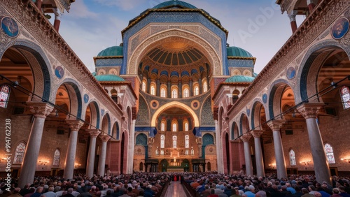 Beautiful interior of grand mosque filled with people