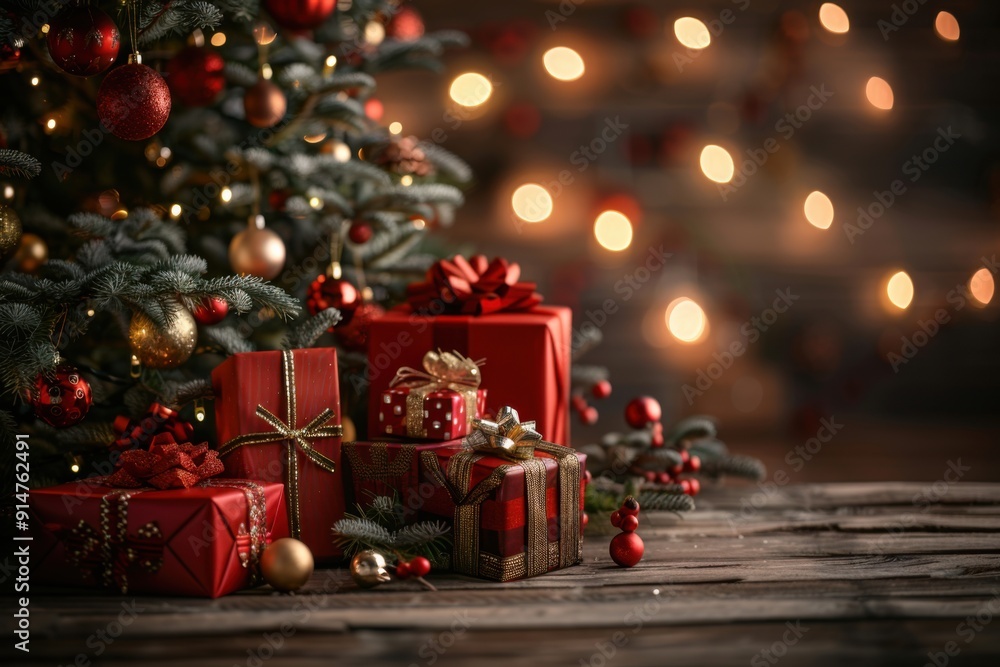 Cozy Christmas Tree with Wrapped Gifts and Twinkling Lights in a Warm Holiday Setting for a Festive and Joyful Season Cozy Christmas Tree with Wrapped Gifts and Twinkling Lights in a Warm Holiday Setting for a Festive and Joyful Season