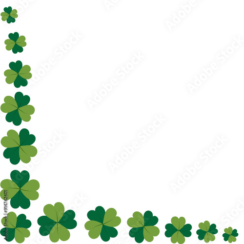 Square corner border of four leaf clover in different sizes in trendy green. Greeting design concept