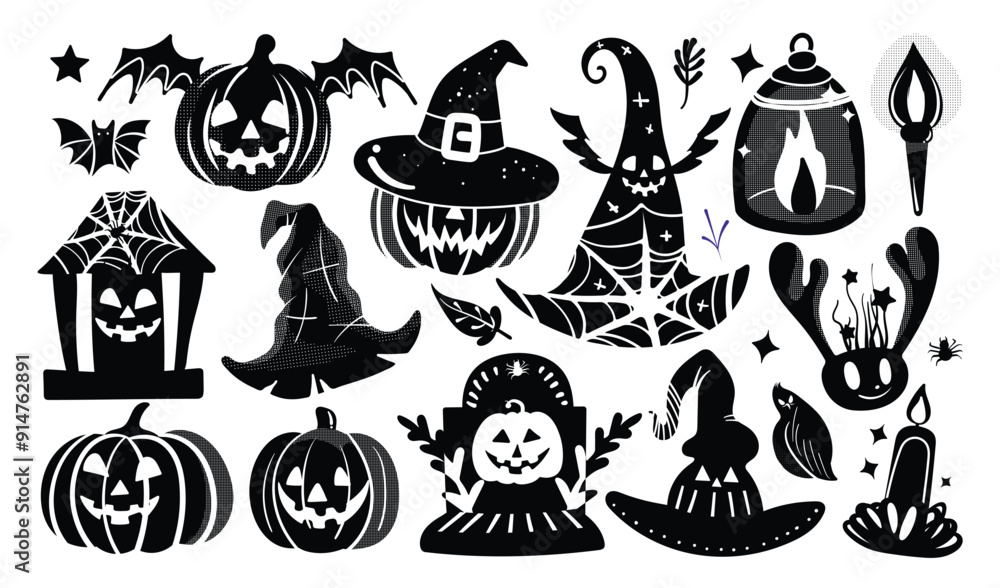 Fototapeta premium Set of isolated Halloween decoration elements in cute doodle hand-drawn graphic illustration style on transparent background, Volume 9: Black silhouette.