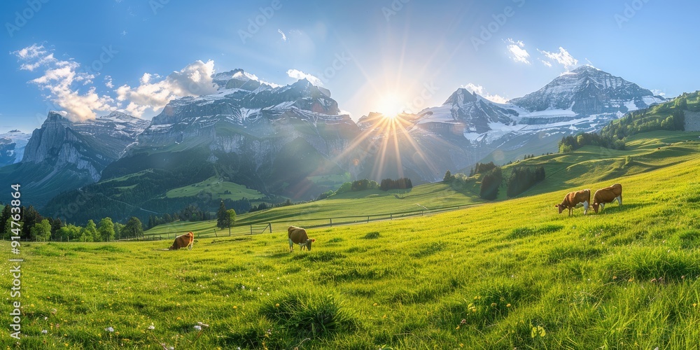 Obraz premium Show an alpine pasture bathed in the soft golden light of sunrise, with cows grazing in the foreground.