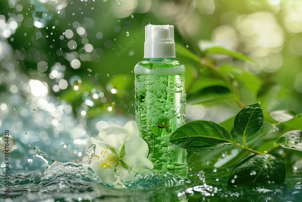 The bottle of cosmetics is surrounded by green foliage, and a white flower floats on the water. The bottle of cosmetics is surrounded by green foliage, and a white flower floats on the water.