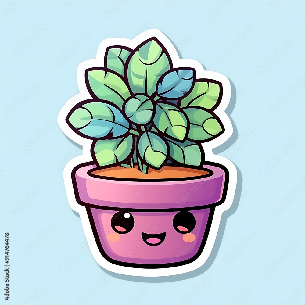Smiling Green Plant in Pink Pot With White Outline Smiling Green Plant in Pink Pot With White Outline