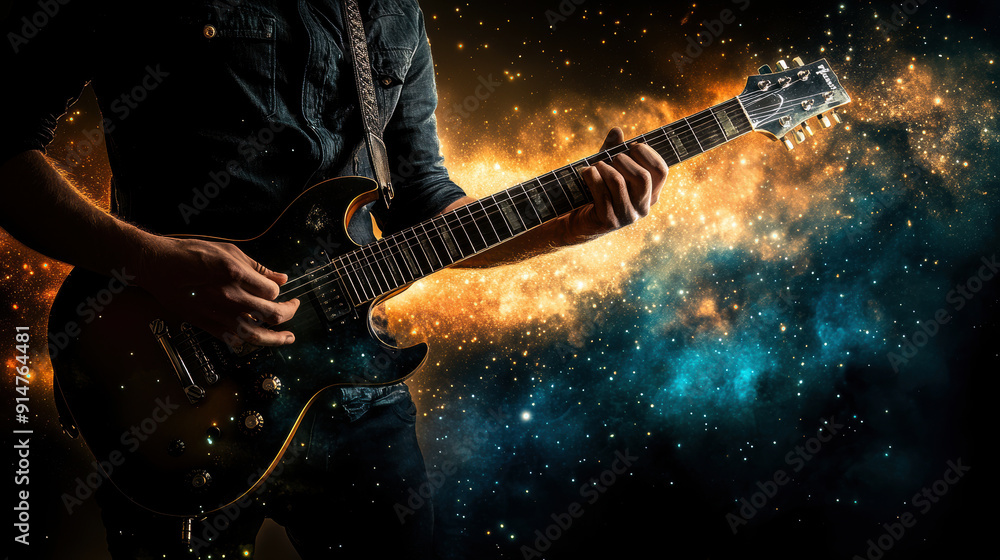Obraz premium A man is playing a guitar in a galaxy background. Concept of adventure and exploration, as if the man is playing his guitar in a far-off galaxy. The guitar is the main focus of the image