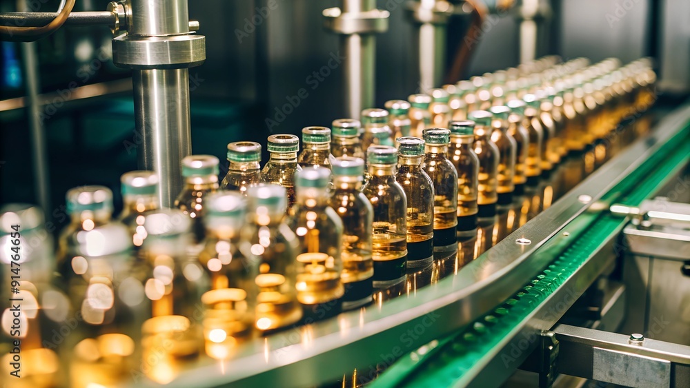 Medical vials on production line at pharmaceutical factory, Pharmaceutical machine working pharmaceutical glass bottles production line Medical vials on production line at pharmaceutical factory, Pharmaceutical machine working pharmaceutical glass bottles production line