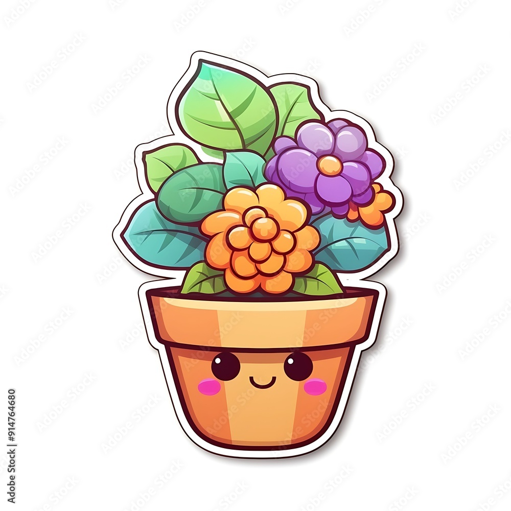 Cartoon Illustration of a Smiling Flower Pot With Orange and Purple Flowers Cartoon Illustration of a Smiling Flower Pot With Orange and Purple Flowers