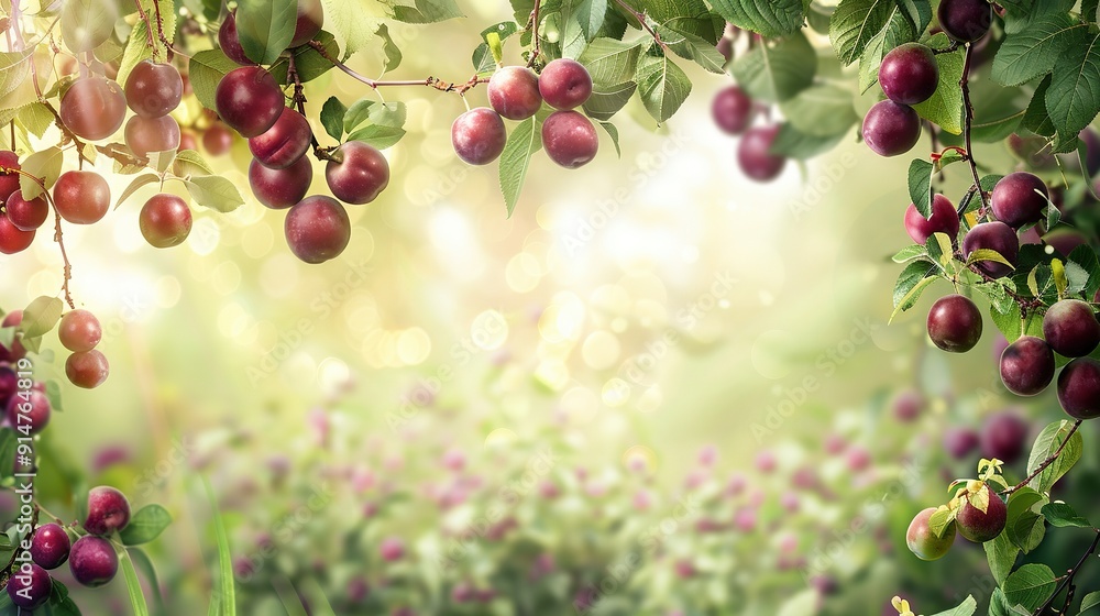 Obraz premium Ripe Plums Hanging on a Branch in a Sunny Orchard