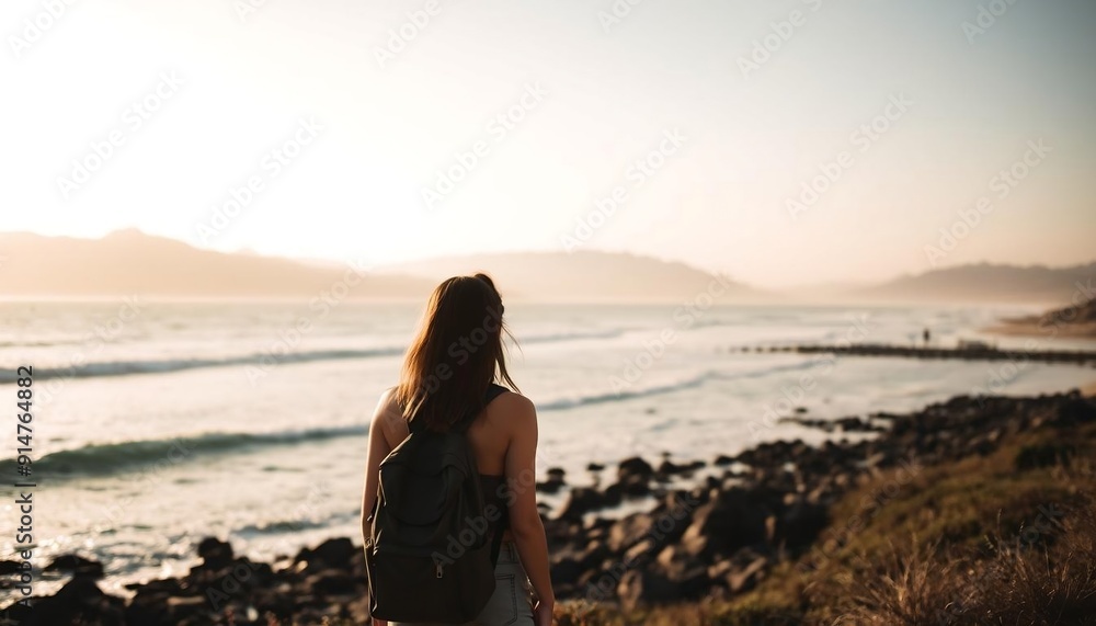 Young woman with a backpack stands on the shore and looks at the sea surf and mountains. Back view Young woman with a backpack stands on the shore and looks at the sea surf and mountains. Back view