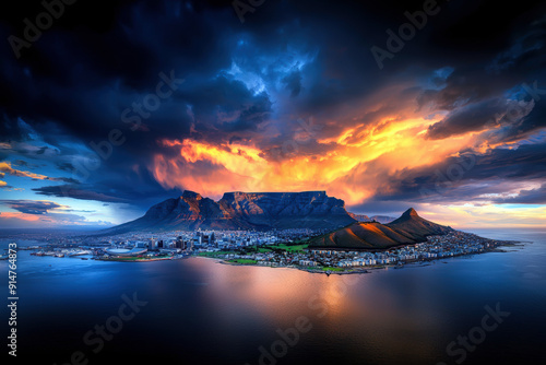 A city with a mountain in the background and a large body of water. The sky is cloudy and the sun is setting