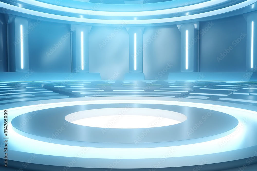 Futuristic blue circular platform with glowing lights. Futuristic blue circular platform with glowing lights.