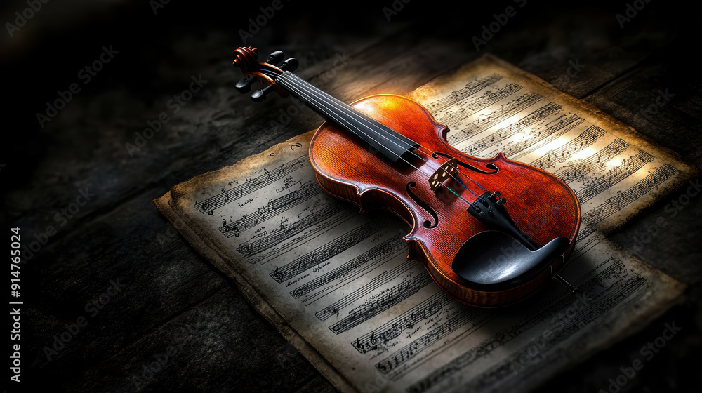 Naklejka premium A violin is on top of sheet music. The sheet music is old and has a worn look to it