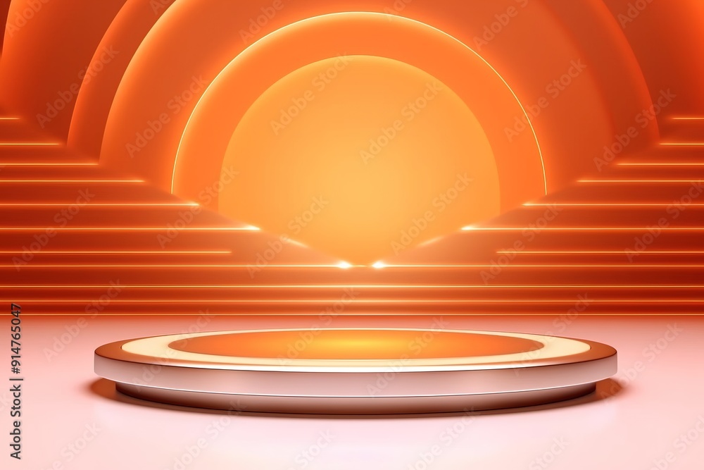 Obraz premium Abstract background with circular podium and orange lighting.