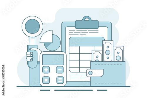 concept of calculating business profits, analyzing business data, calculating budgets, profits and losses, generating report graphs from data, calculator with spreadsheet creation reports. vector.