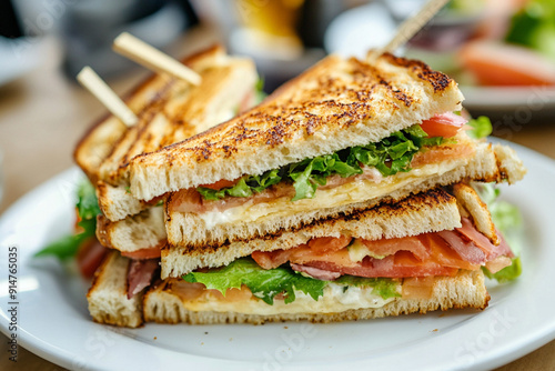 close up sandwich on the dish with plain backgrounds