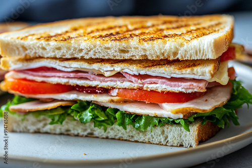close up sandwich on the dish with plain backgrounds