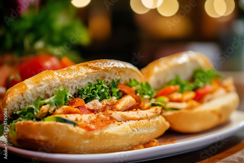 close up sandwich on the dish with plain backgrounds