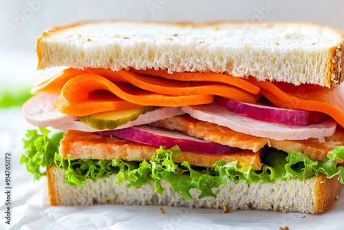 close up sandwich on the dish with plain backgrounds
