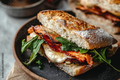close up sandwich on the dish with plain backgrounds