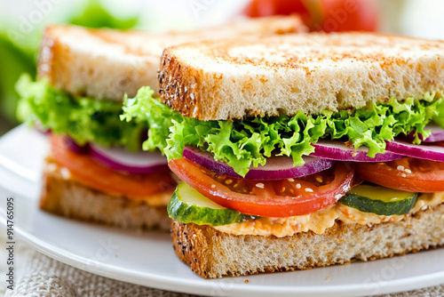 close up sandwich on the dish with plain backgrounds