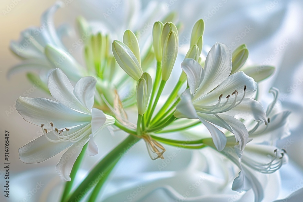 White flowers blossoming on a serene white background, symbolizing beauty and tranquility White flowers blossoming on a serene white background, symbolizing beauty and tranquility