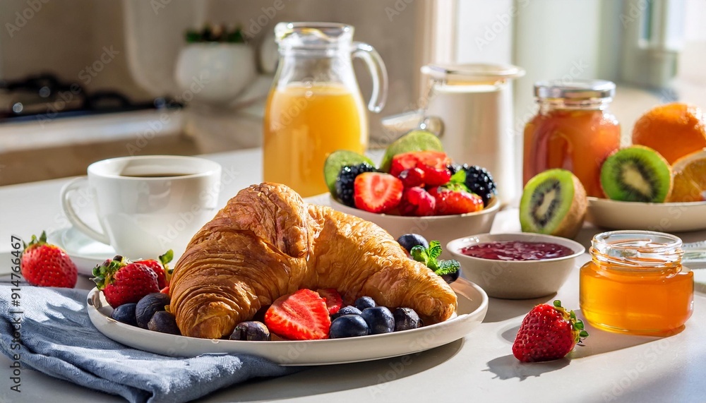 On a modern kitchen table bathed in soft morning light, golden-brown croissants with flaky layers sit alongside vibrant fresh fruits, honey, jam, and a steaming coffee, with elegant tableware and a sp On a modern kitchen table bathed in soft morning light, golden-brown croissants with flaky layers sit alongside vibrant fresh fruits, honey, jam, and a steaming coffee, with elegant tableware and a sp