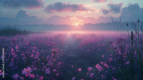 Dawn's Purple Hush: Serene Landscape with Soft Morning Light and Misty Horizon photo