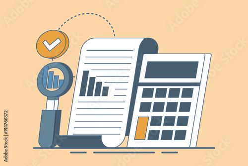 Performance data analysis concepts, investment reports, marketing studies, audition services, Statistics and analytics concepts, business performance reports, marketing research services. flat vector.