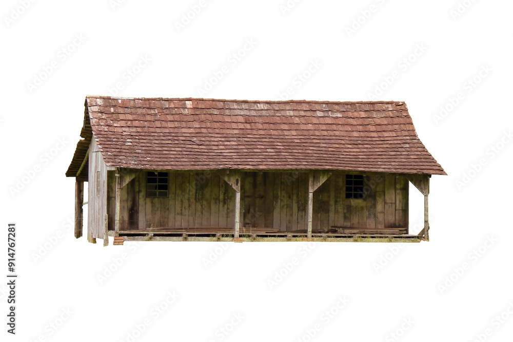 Old wooden cottage with porch and two windows. Wooden rural house. Farm ...