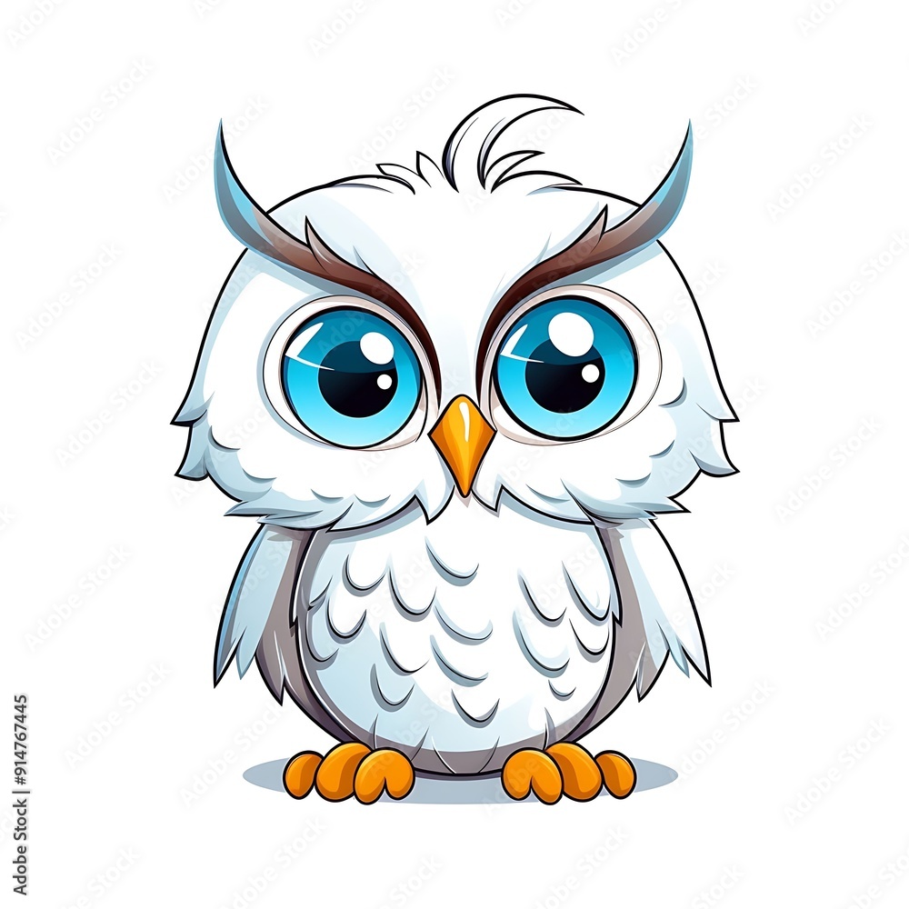 Fototapeta premium Cartoon White Owl With Big Blue Eyes Standing Against White Background