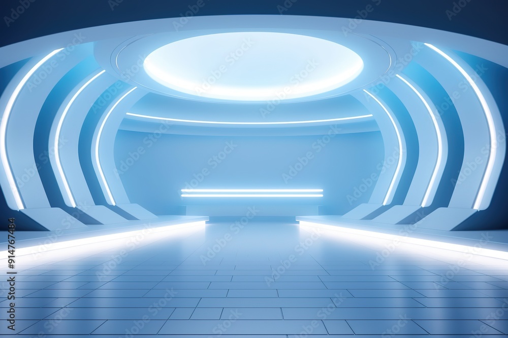 Obraz premium Futuristic blue corridor with glowing lines.
