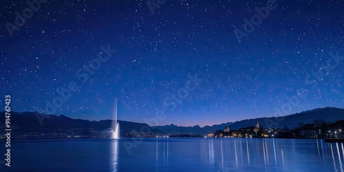 Depict the serene waters of Lake Geneva under a clear, starry night sky, illuminated by the soft glow of moonlight.