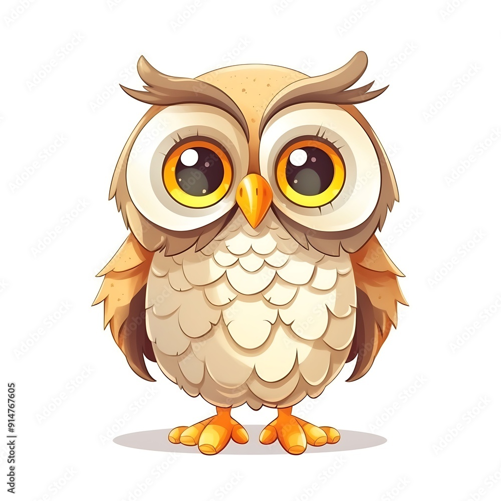 Cartoon Owl With Large Eyes Standing on White Background Cartoon Owl With Large Eyes Standing on White Background
