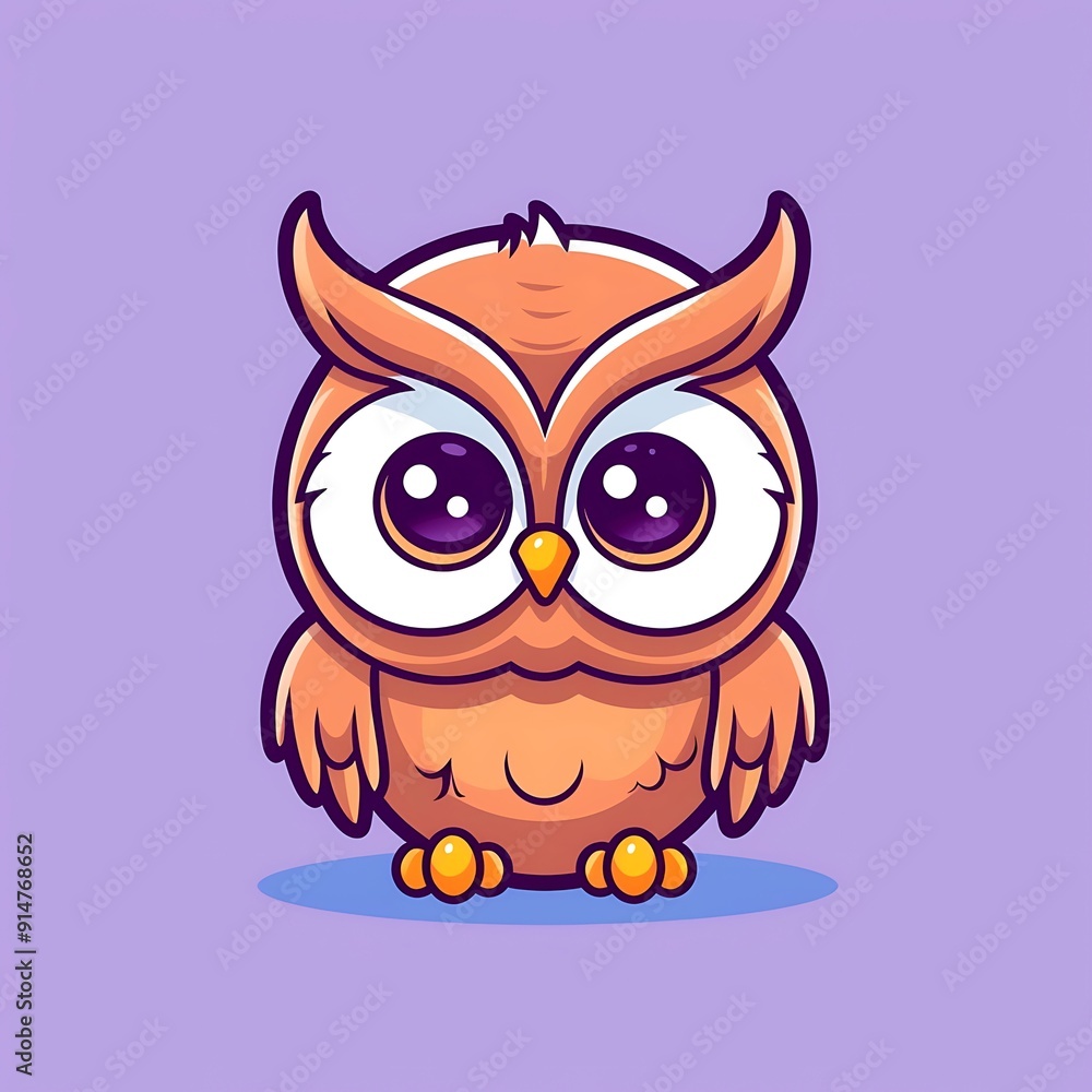 Cute Cartoon Owl With Big Eyes Standing On Purple Background Cute Cartoon Owl With Big Eyes Standing On Purple Background